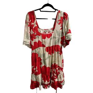 ✌️ 2/$40 ✌️ Red & Beige Floral Print Tunic Dress, Short Sleeves & Tassel sz M